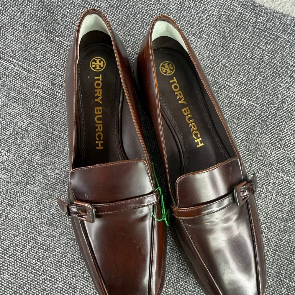 Tory Burch Loafers Womens 7 Brown Leather Square Toe Buckle Detail Block Heel